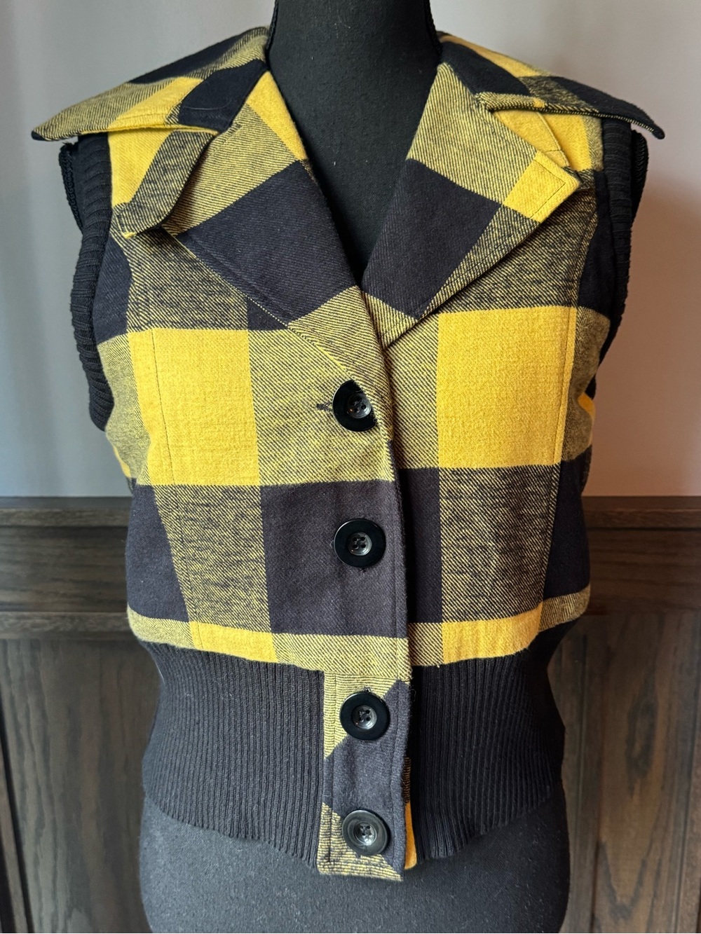Sweater Project Yellow & Black Plaid Button Vest